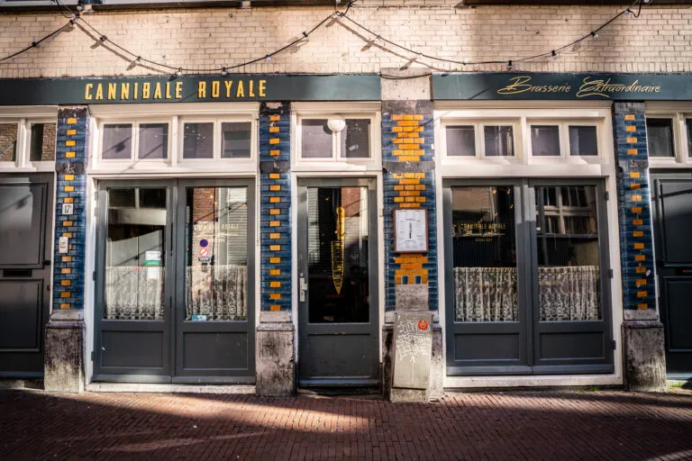Facade of Cannibale Royale Handboogstraat in Amsterdam city centre, the first Cannibale Royale